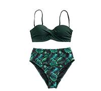 CLSDRZC Green Leafy Print Bikini Set Women Heart Neck Push Up High-Waisted Two Pieces Swimwear Beach Bathing Suits Swimsuits