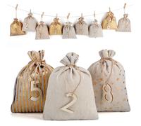 CLTPY DIY Festival Gift Bags Advent Calendar Large Numbered Sign 1-24 Jute with Glitter Print, Craft Set (13 x 18 cm)