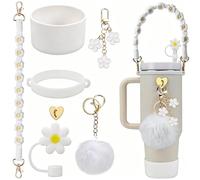 CLTTCLLCT 7PCS Stanley Cup Accessories Set for 30oz 40oz Tumbler,Including Silicone Stanley Cup Boot Straw Cover, Round Plush Charm, Water Bottle Handle Strap&Tumbler Charms Decorations (White)