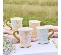 Club Green Floral Tea Party Paper Cups with Handle - Set of 8, Vintage-Inspired Tea Party Cups, Elegant Floral Design, Whimsical Party Tableware