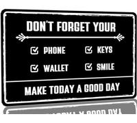 ClubLany Reminder Checklist Metal Tin Sign Don't Forget Your Phone Keys Wallet Smile Signs Reminder Decor for Farm Bar Cafe Restaurants Office Decor 12""×8""