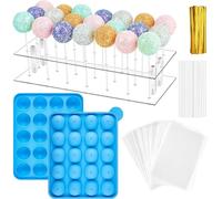 CLUEWR Cake Pop Mould Set, 21 Hole Acrylic Lollipop Holder with 100Pcs Sticks Treats Bags, 50Pcs Paper Sticks and 100Pcs Twist for Delicious Treats, Lollipops and Cakes