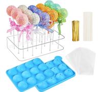 CLUEWR Cake Pop Mould Set Complete Kit with 1Pc 12 Cavity Silicone Cake Pop Mold, 15 Hole Clear Acrylic Lollipop Display Stand Holder, 50Pcs Clear Bags, 50 Pcs Treat Sticks and 50Pcs Twist Ties
