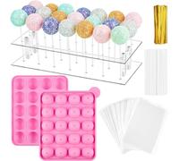 CLUEWR Cake Pop Mould Set Complete Kit with 1Pc 20 Cavity Silicone Cake Pop Mold, 21 Hole Clear Acrylic Lollipop Display Stand Holder, 100Pcs Clear Bags, 100Pcs Sticks and 100Pcs Twist Ties