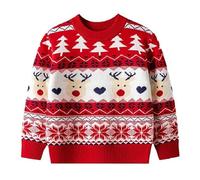Clundoo Christmas Sweater for Kids Boy's Girl's Funny Xmas Knitted Pullover Reindeer Christmas Tree Pattern Cute Knitwear Jumper, Red 120cm