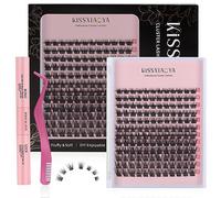 Cluster Eyelash Extensions Kit, 144Pcs D Curl Mix 9-15mm Invisible Bottom Wide Stem Lashes with Lash Bond & Seal & Applicator, Soft Natural False Eyelashes, DIY Individual Lashes at Home(W-7 Kit)
