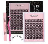 Cluster Eyelash Extensions Kit, 144Pcs D Curl Mix 9-15mm Invisible Bottom Wide Stem Lashes with Lash Bond & Seal & Applicator, Soft Natural False Eyelashes, DIY Individual Lashes at Home (T02 Kit)