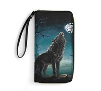 Clutch Wallet Magic Night Howling Moon Wolf Genuine Leather Wallets Card Case Handbags Retro Style Women Card Case for Women, Girls, Teacher