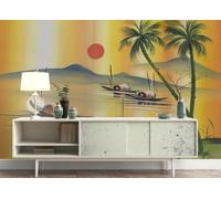 CLVIUJLBKLKSDD Photography 3D Photo Wallpaper Red Sunset 350cmx250cm Chinese-Style Vintage Abstract Tropical Ocean Natural Scenery Living Room Bedroom Poster Decoration Mural