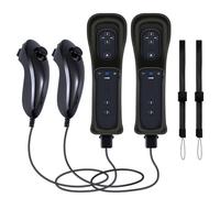 CLVIZCXOM 2 Sets Remote Fit for Wii/Wii U with MotionPlus (Black & Black) | 2 Remotes + 2 Nunchuks + 2 Cases + 2 Straps, Compatible with Nintendo Console