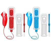 CLVIZCXOM 2 Sets Remote Fit for Wii/Wii U with MotionPlus (Red & Blue) | 2 Remotes + 2 Nunchuks + 2 Cases + 2 Straps, Compatible with Nintendo Console