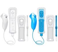 CLVIZCXOM 2 Sets Remote Fit for Wii/Wii U with MotionPlus (White & Blue) | 2 Remotes + 2 Nunchuks + 2 Cases + 2 Straps, Compatible with Nintendo Console