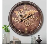 CLXEAST 24 Inch Large Wall Clock with Moving Gears, Industrial Clocks with World Map Dial, Oversized Cool Wall Clock for Living Room Decor,Oil Rubbed Bronze Brown