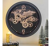 CLXEAST 24 Inch Moving Gear Wall Clock with World Map,Large Black Gold Metal Wall Clock for Modern Farmhouse Living Room Decor, Unique Wall Art Decor Clock,Reloj De Pared para Sala