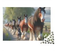 Clydesdale Horses Marching 1000 Pieces Jigsaw Puzzles Engaging Home Decoration Horses Pulling Cart on Road Jigsaw Puzzle Beautiful Decoration for Gifts 38x26cm/1000pcs