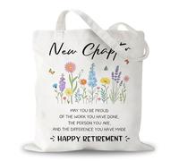 Clyrax Retirement Gifts for Women, Happy Retirement Gift Bag, Reusable Canvas Tote Bag with “New Chapter” Print, Funny Retirement Gift for Coworker Friend, Ladies Colleague Leaving Presents, 34x39cm