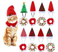 Clysee 16 Pcs Cat Christmas Costume Suit Santa Hats and Collar with Jingle Bells for Pets Small Dogs and Cats Tutu Collar and Green Shiny Hat Adjustable Xmas Outfit Suit for Cat Puppy Dog Gift Present