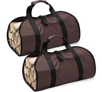Clysee 2 Pcs Canvas Firewood Bags with Handles, Canvas Waxed Large Firewood Log Tote Indoor Carrying Bag Wood Storage Carrier for Fireplace Cabin Camping Outdoor, Dark Brown