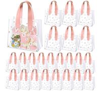 Clysee 24 Pcs Clear Gift Bags with Handles Daisy Clear Plastic Wrap Bag Reusable Transparent PVC Tote Goodie Gift Packing for Valentine‘s Day Wedding Shopping Baby Shower Birthday(Pink)