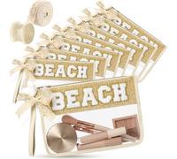 Clysee 8 Pcs Teacher Appreciation Gifts Teach Chenille Letter Makeup Bag Monogram PVC Clear Zipper Pouch Wristlet Cosmetic Bag Graduation Thank You Teacher Gift for Women, White Gold Letter, Beach