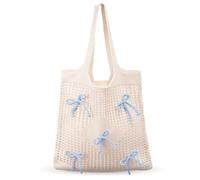 Clysee Bow Beach Bag Coquette Bow Tote Bag for Women Cute Preppy Shoulder Handbag for Girls Summer Beach Shopping, Blue, 14.2 x 24 inches