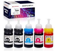 Clywenss 664 Ink Bottle Compatible with Epson T664 664 Printer Ink Refills for EcoTank ET-2650 ET-2600 ET-4500 ET-2550 ET-2500 L355 L555 ET-14000, 5-Pack (2 Black, 1 Cyan, 1 Magenta, 1 Yellow)