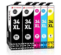 Clywenss Compatible 34XL Ink Cartridges Multipack for Epson 34 XL, 5-Pack | Compatible with Epson WorkForce Pro WF-3720 WF-3725 WF3720 WF3725 WF-3720DWF WF-3725DWF Printer (Black Cyan Magenta Yellow)