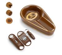 CLZOONG Cigar Ashtray with Cigar Cutter Set Portable, include Cigar Ceramic Ashtray, Enlarge Cigar Guillotine Sharp V-Cut Cutter Punch with Gift Box, Cigar Accessories Set for Men (Brown)