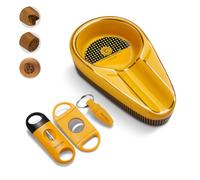 CLZOONG Cigar Ashtray with Cigar Cutter Set Portable, include Cigar Ceramic Ashtray, Enlarge Cigar Guillotine Sharp V-Cut Cutter Punch with Gift Box, Cigar Accessories Set for Men (Yellow)