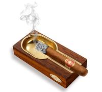 CLZOONG Cigar Ashtray Wooden & Stainless Steel, Large Cigar Holder Ashtrays, Cigar Accessories for Indoor Outdoor Home Decor Ash Tray With Stainless Steel Rest Cigar Holder (Gold)