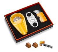 CLZOONG Cigar Cutter Lighter Ashtray Set Portable, Cigar Cutter Stainless Steel,Ceramic Ashtray, Torch Lighter Single Jet Flame Refillable Butane with Punch Gift Box for Patio/Outdoor/Indoor (Yellow)