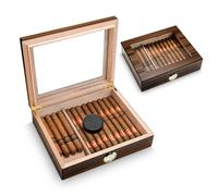 CLZOONG Cigar Humidor Spanish Cedar,Elegant Cigars Humidor Case with Humidifier and Hygrometer, Desk Humidor with Tempered Glass Top, holds 20-30 Cigars(S)
