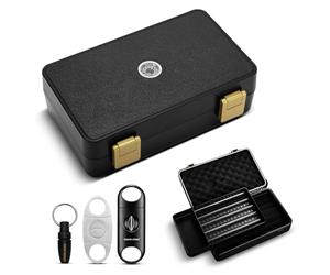 CLZOONG Travel Cigar Humidor Box Case Portable Double Layer Design with Cigar Accessories Hygrometer&Humidifier&Straight Cutter & V-Cutter& Punch,Holds 10 Count-Waterproof Case, Airtight Seal (Black)