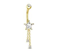 CM Crareesi Mania 14K Gold Plated Belly Bar 925 Sterling Silver Belly Bar Dangly Star Navel Piercing Jewelry Clear CZ Belly Button Piercing 10mm Navel Bar for Women