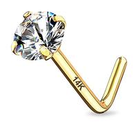 CM Crareesi Mania 14K Real Solid Yellow Gold Nose Stud 20Gauge Prong Set Round CZ L Bend Nose Stud Piercing