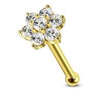 CM Crareesi Mania 14K Solid Yellow Gold Nose Stud 20 Gauge Nose Ring Flower CZ Stone Prong Set 4mm Diamond Nostrial Nose Piercing Jewellery Real Yellow Gold for Women Men