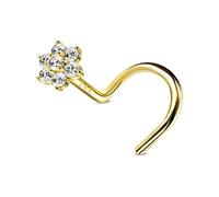 CM Crareesi Mania 14K Solid Yellow Gold Nose Stud 20 Gauge Nose Screw Nose Ring Flower CZ Stone Prong Set 4mm Diamond L Shaped Nostrial Nose Piercing Jewellery Real Yellow Gold for Women Men