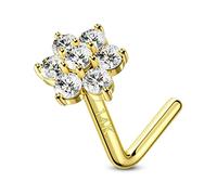 CM Crareesi Mania 14K Solid Yellow Gold Nose Stud 20 Gauge Nose Screw Nose Ring Flower CZ Stone Prong Set 4mm Diamond S Shaped Nostrial Nose Piercing Jewellery Real Yellow Gold for Women Men