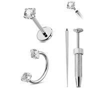 CM Crareesi Mania 20G Nose Rings Hoops 316L Stainless Steel Horseshoe Nose Ring Studs Internally Threaded Flat Back Lip Rings Helix Tragus Cartilage with Piercing Grabber Tool, Metal, cubic zirconia