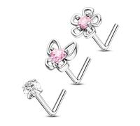 CM Crareesi Mania 3PCS Butterfly Flower Nose Studs Silver L-Shaped Nose Nostril Piercing Jewellery 316L Stainless Steel Nose Screw 20Gauge Nose Rings for Women