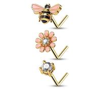 CM Crareesi Mania 3PCS Cute Bee Flower Nose Studs 316L Stainless Steel Gold Nose Rings 20G L-Shaped Pink Enamel Nose Piercing Jewellery for Women Girls