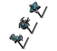 CM Crareesi Mania 3PCS Halloween Nose Studs L Shaped Black Bat Spider Star Nose Nostril Piercing Jewellery 316L Surgical Steel Gothic 20G Nose Rings for Women Men
