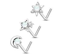 CM Crareesi Mania 3PCS Nose Stud Sun Star Moon 20G Nose Ring L Shape Nose Piercing Jewellery 7mm Opal Nostril Piercing Jewelry for Women