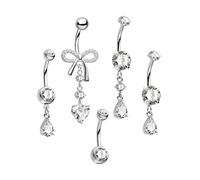 CM Crareesi Mania Belly Bar 14G Belly Button Bars 5PCS Bow & Heart Dangly Belly Button Piercing Jewellery Silver Belly Rings Surgical Steel Belly Bars Navel Piercing Jewelry for Women