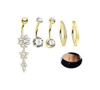 CM Crareesi Mania Belly Bar 5PCS Belly Ring Clicker Flower Dangly Belly Button Bars Gold Navel Piercing Jewelry Clear CZ 14G Surgical Steel Belly Button Piercing Kit for Women