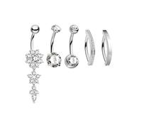 CM Crareesi Mania Belly Bar 5PCS Belly Ring Clicker Flower Dangly Belly Button Bars Silver Navel Piercing Jewelry Clear CZ 14G Surgical Steel Belly Button Piercing Kit for Women