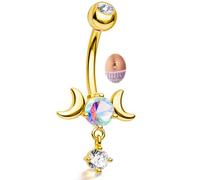 CM Crareesi Mania Belly Button Bars Gold Silver Dangle Belly Button Piercing Barbell Gold Silver AB CZ Double Moon Navel Piercing Jewellery 14G/10mm