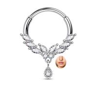 CM Crareesi Mania Butterfly Septum Ring, 16G Surgical Steel Dangle Septum Piercing Jewelry, Teardrop CZ Septum Clicker Ring, Daith Cartilage Helix Earring Hoop for Women, Metal, cubic zirconia