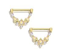 CM Crareesi Mania Celestial Moon Star Nipple Bars Nipple Piercing Jewellery | 14G 14mm Nipple Shields Piercing Jewellery Silver Gold 316L Stainless Steel AB Crystal Nipple Rings
