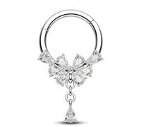 CM Crareesi Mania Dangle Teardrop Septum Piercing 16G 10mm Butterfly Septum Ring Clear CZ Daith Piercing Jewellery 316L Stainless Steel Helix Daith Earrings for Women